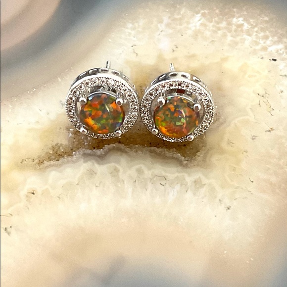 Sterling silver fire opal stud earrings cz halo NEW October Birthstone - Picture 4 of 9